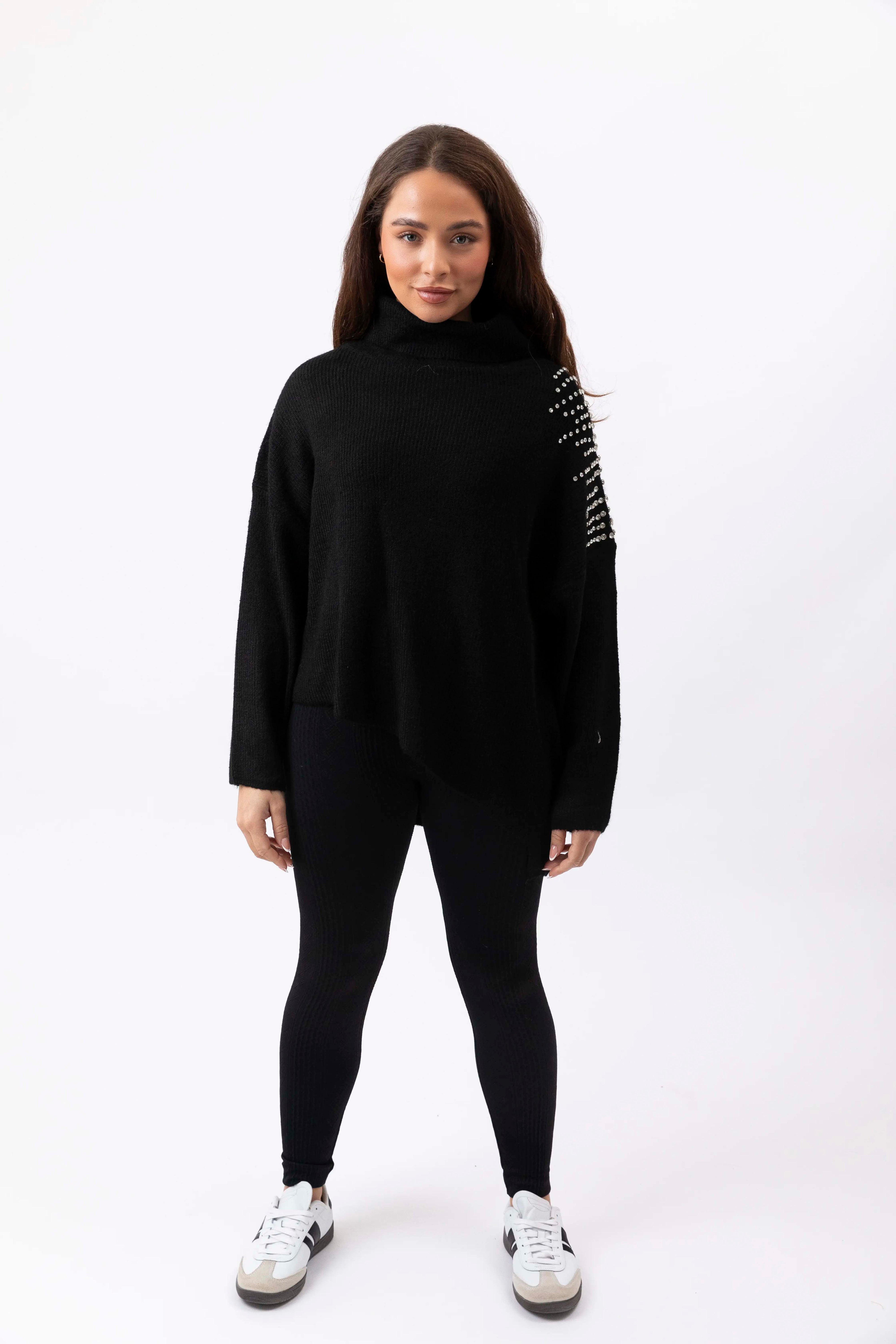 Asymmetric Crystal Embellished Turtle Neck Pullover