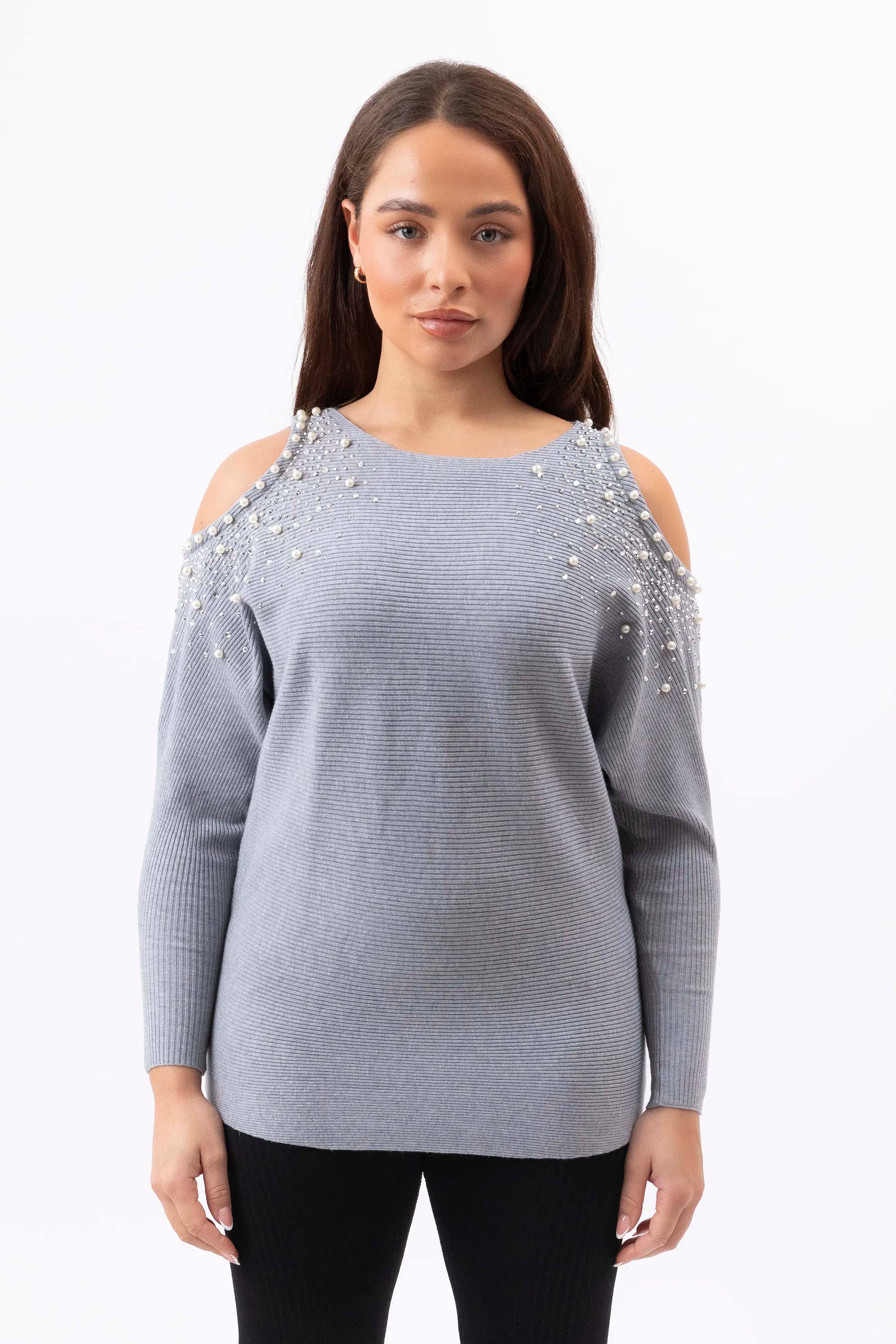 Cut Out Shoulder Pearl Encrusted Viscose Blend Jumper