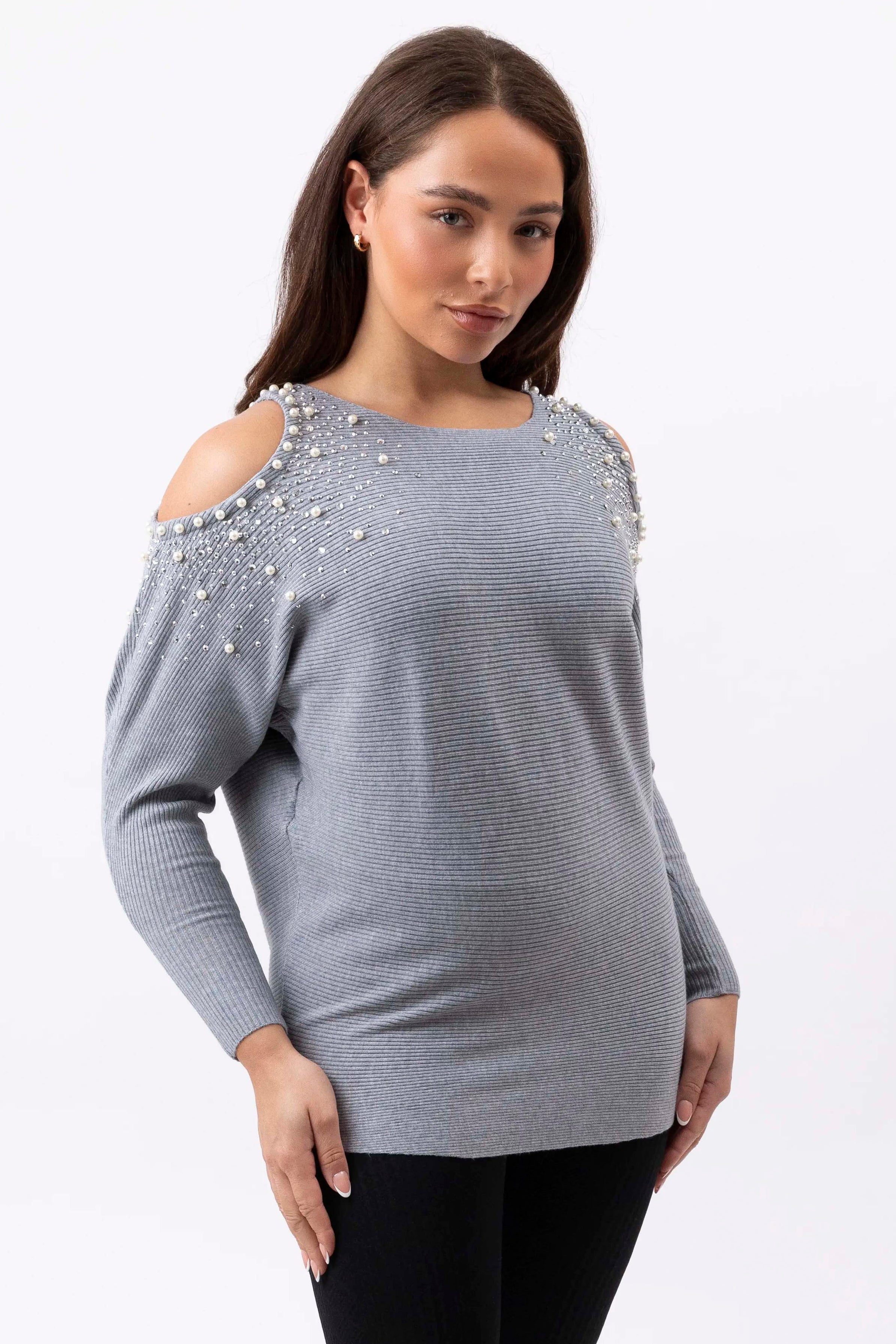 Cut Out Shoulder Pearl Encrusted Viscose Blend Jumper