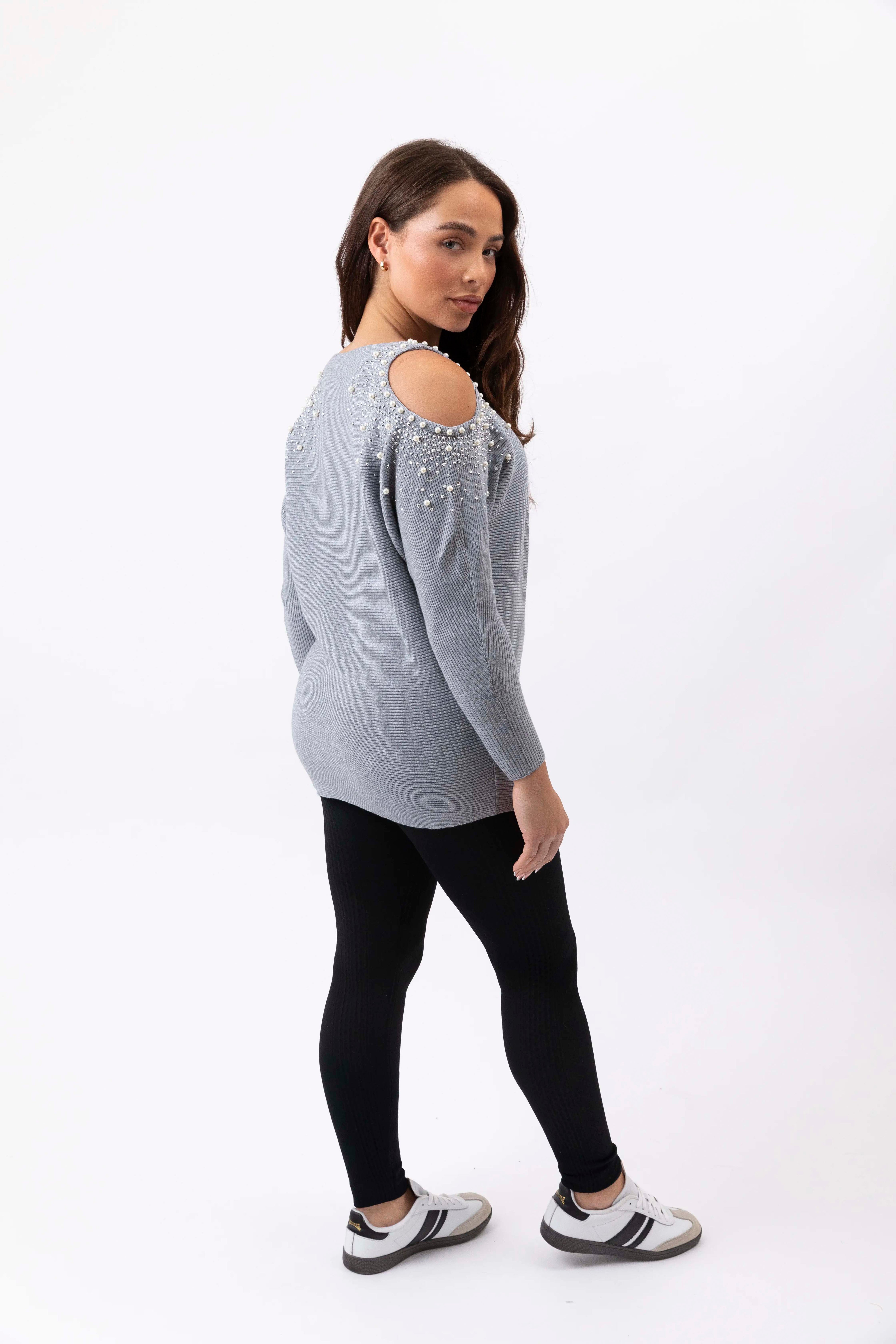 Cut Out Shoulder Pearl Encrusted Viscose Blend Jumper