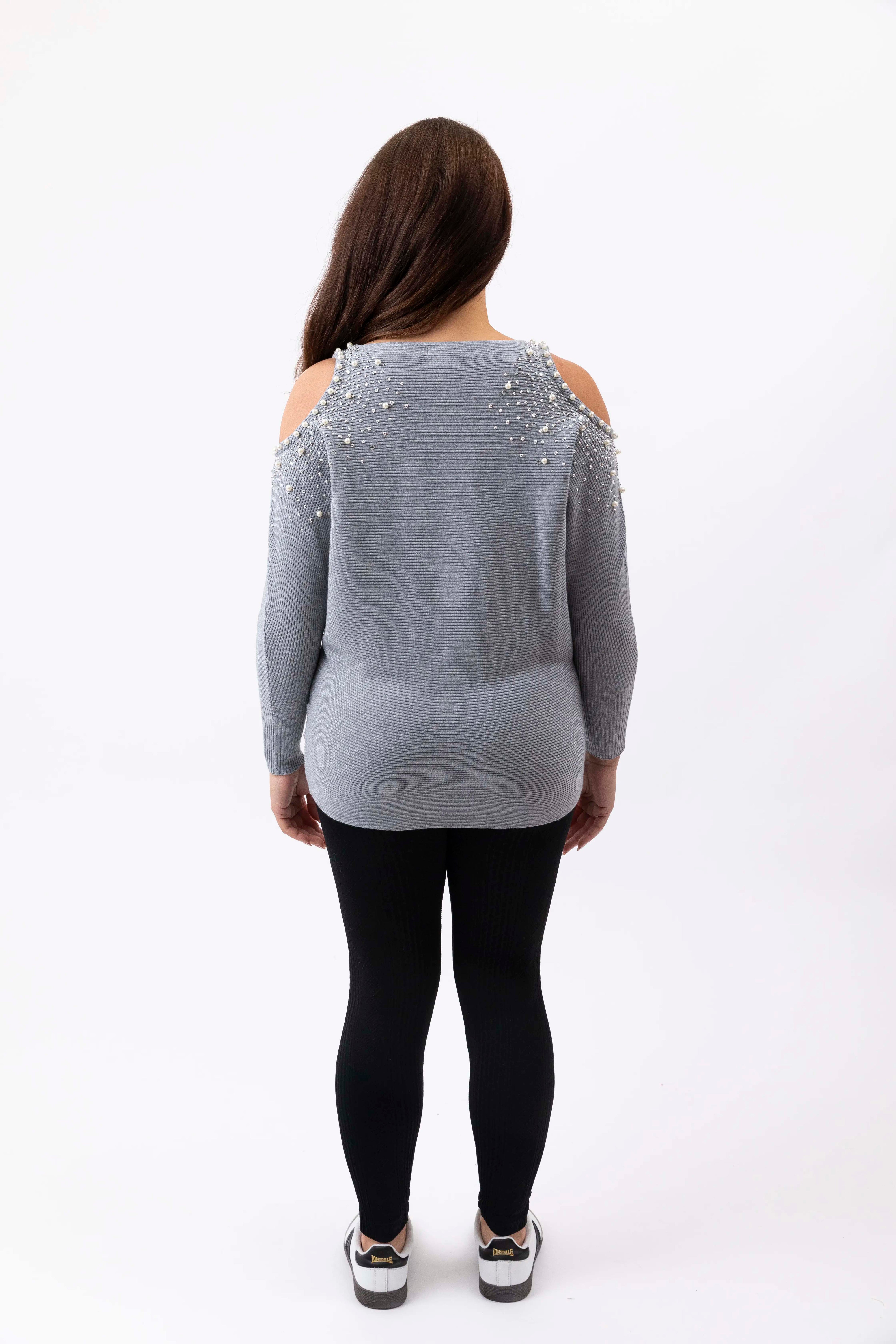 Cut Out Shoulder Pearl Encrusted Viscose Blend Jumper