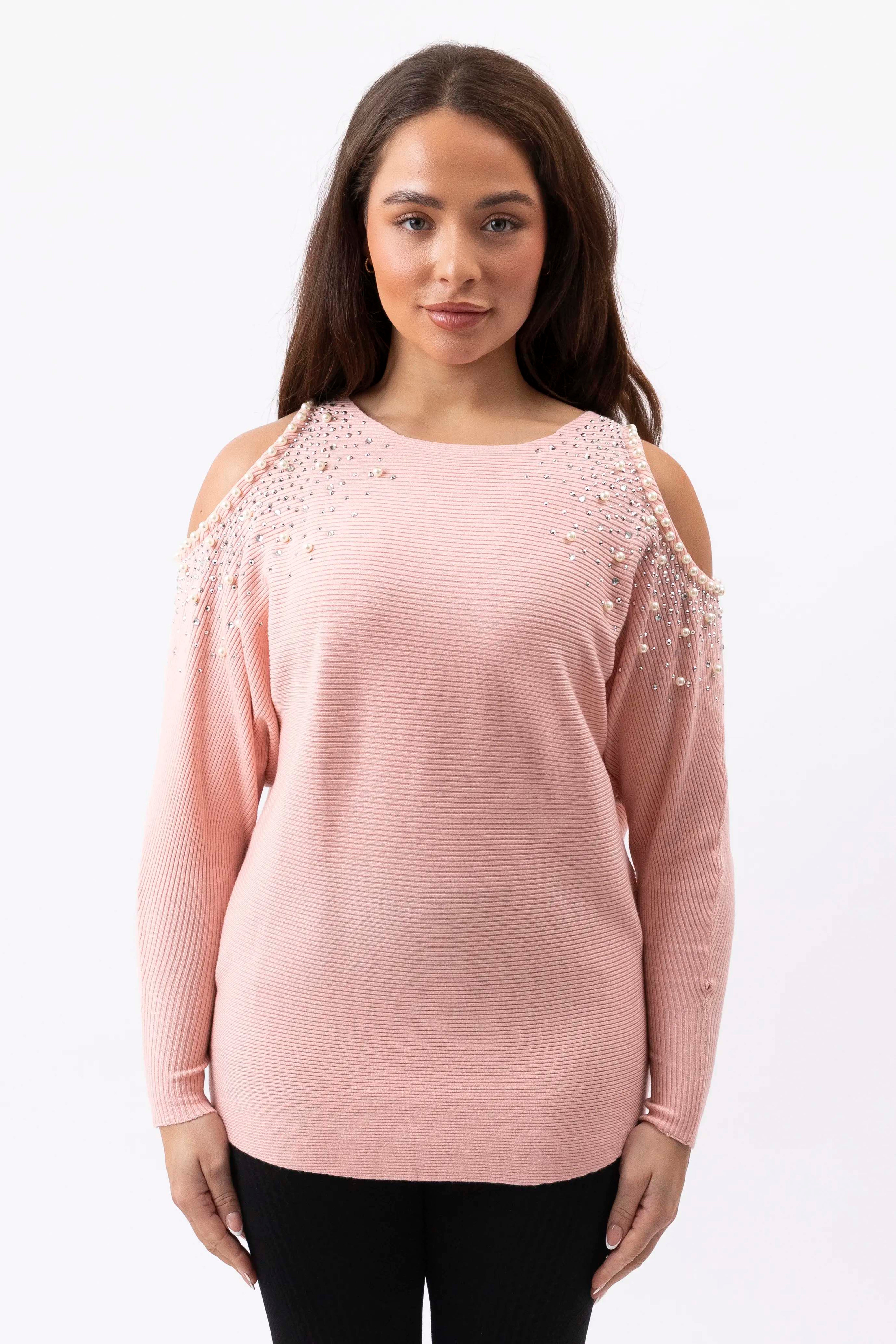 Cut Out Shoulder Pearl Encrusted Viscose Blend Jumper