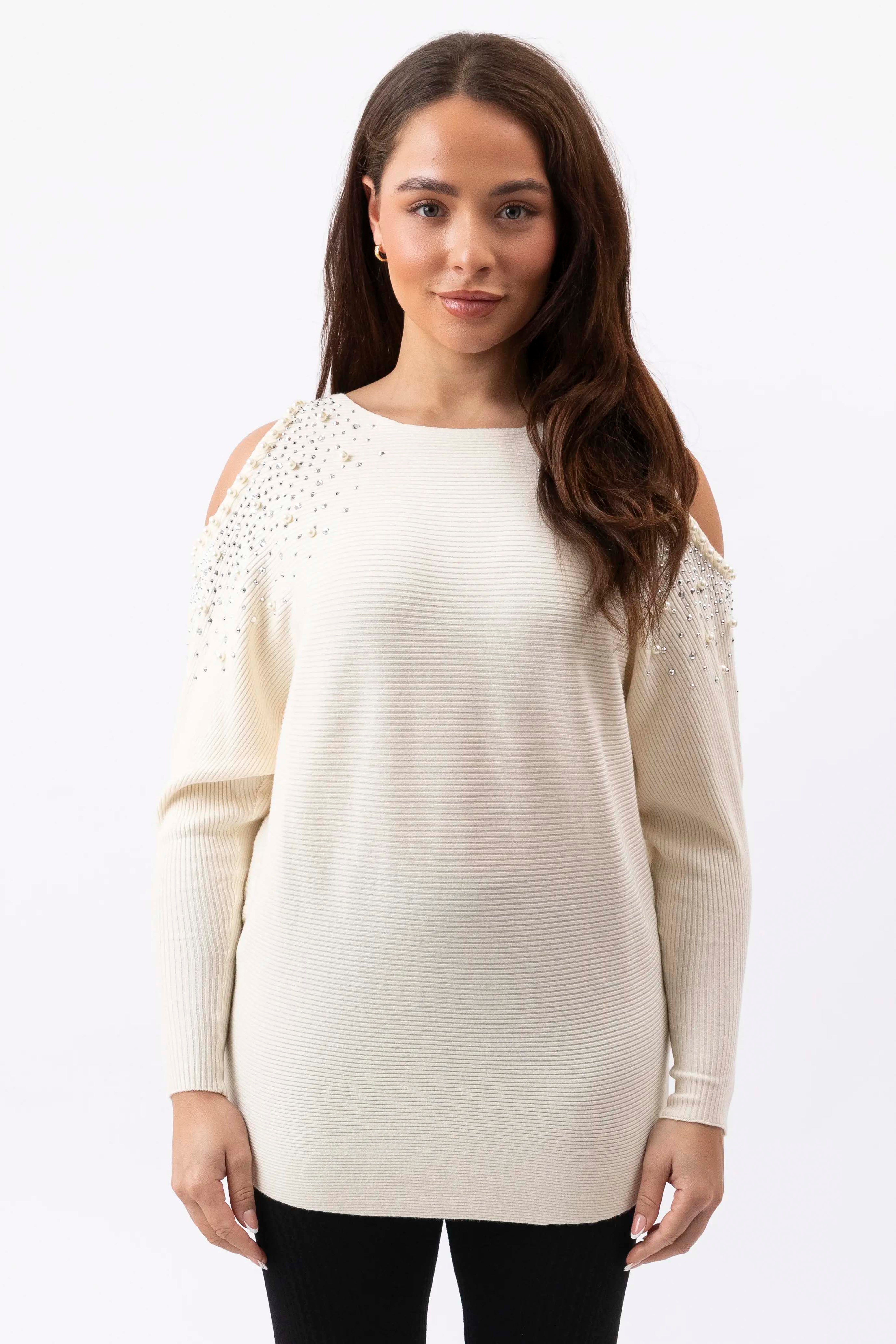 Cut Out Shoulder Pearl Encrusted Viscose Blend Jumper