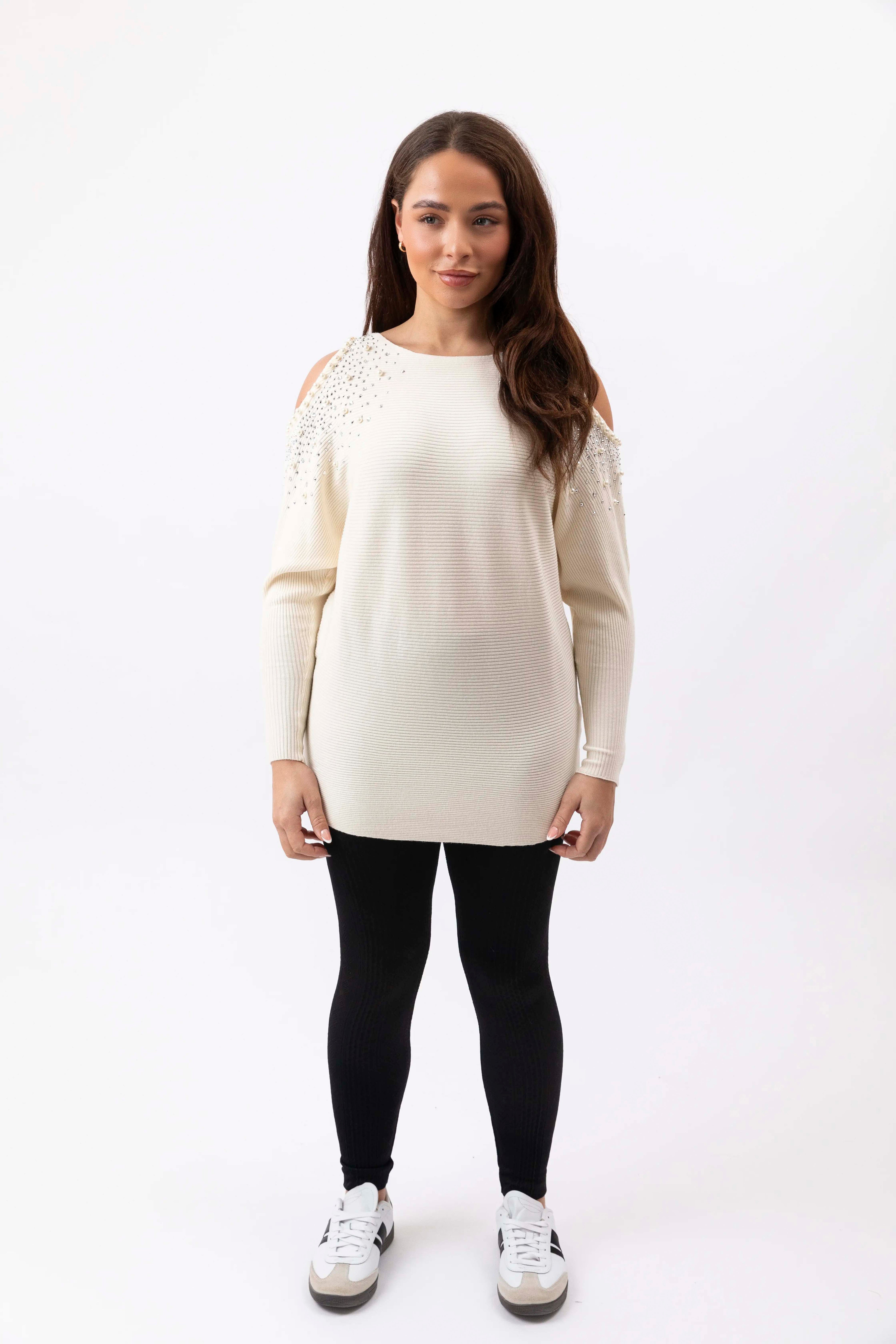 Cut Out Shoulder Pearl Encrusted Viscose Blend Jumper