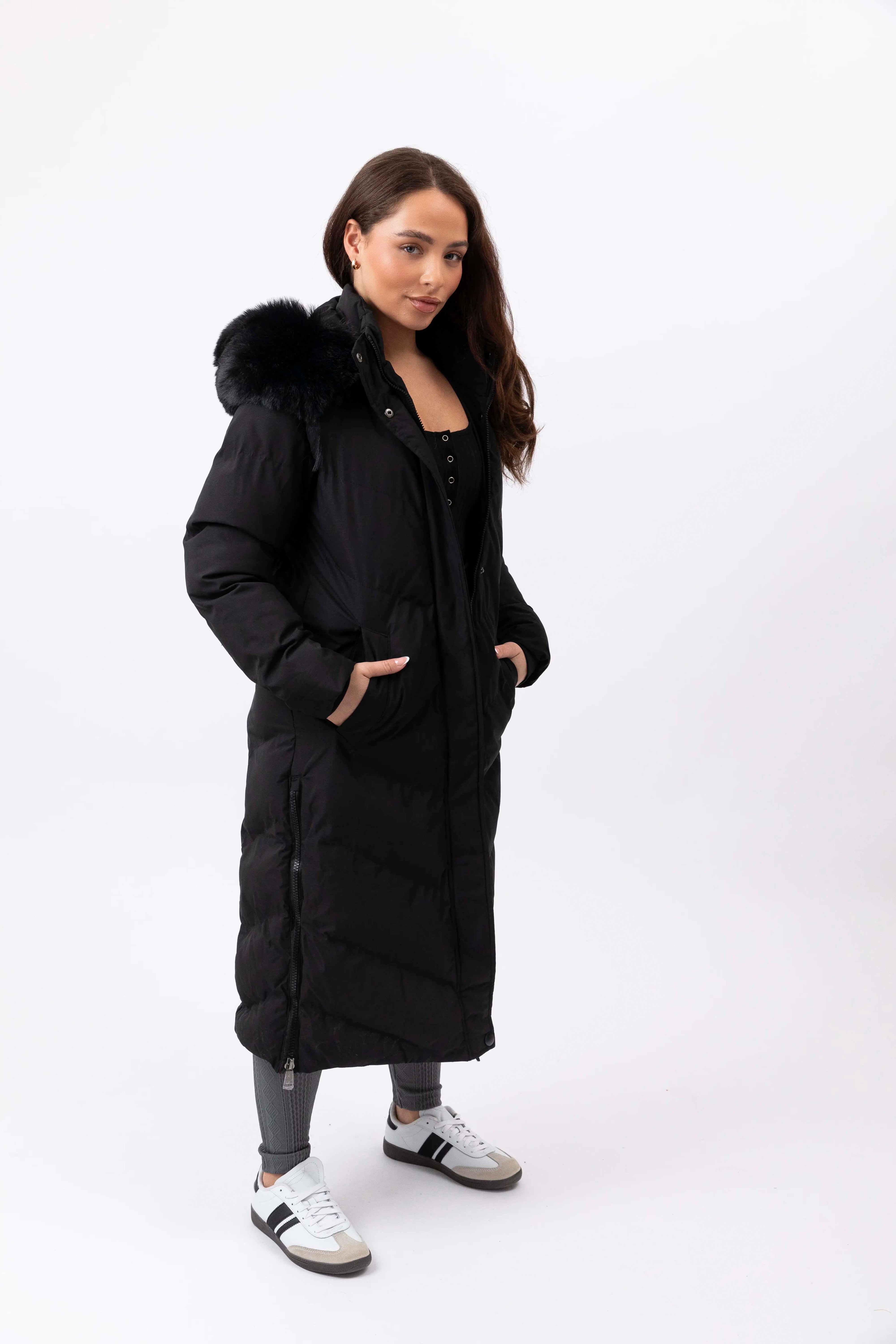 Side Zip Faux Fur Hooded Long Puffer Jacket