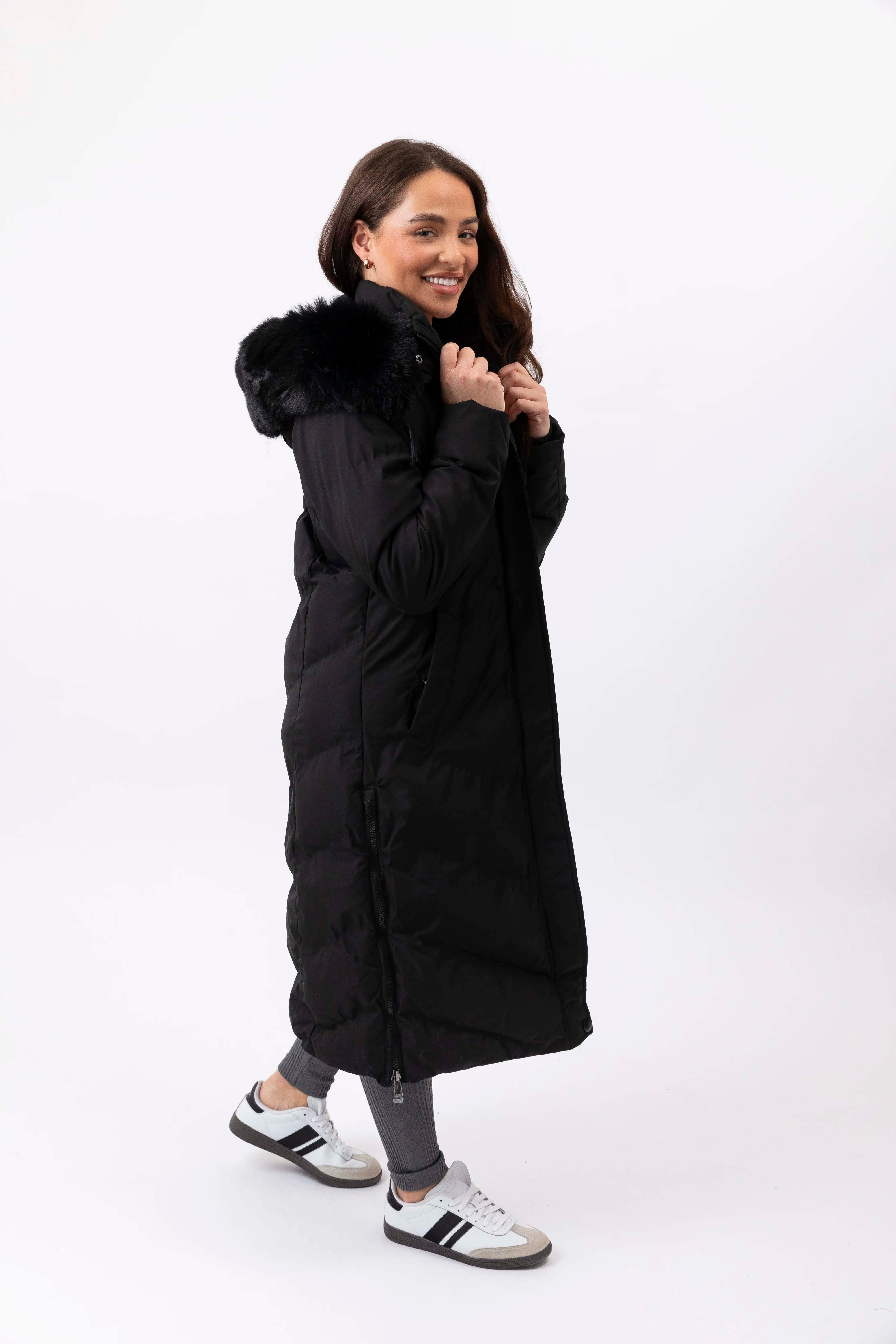 Side Zip Faux Fur Hooded Long Puffer Jacket