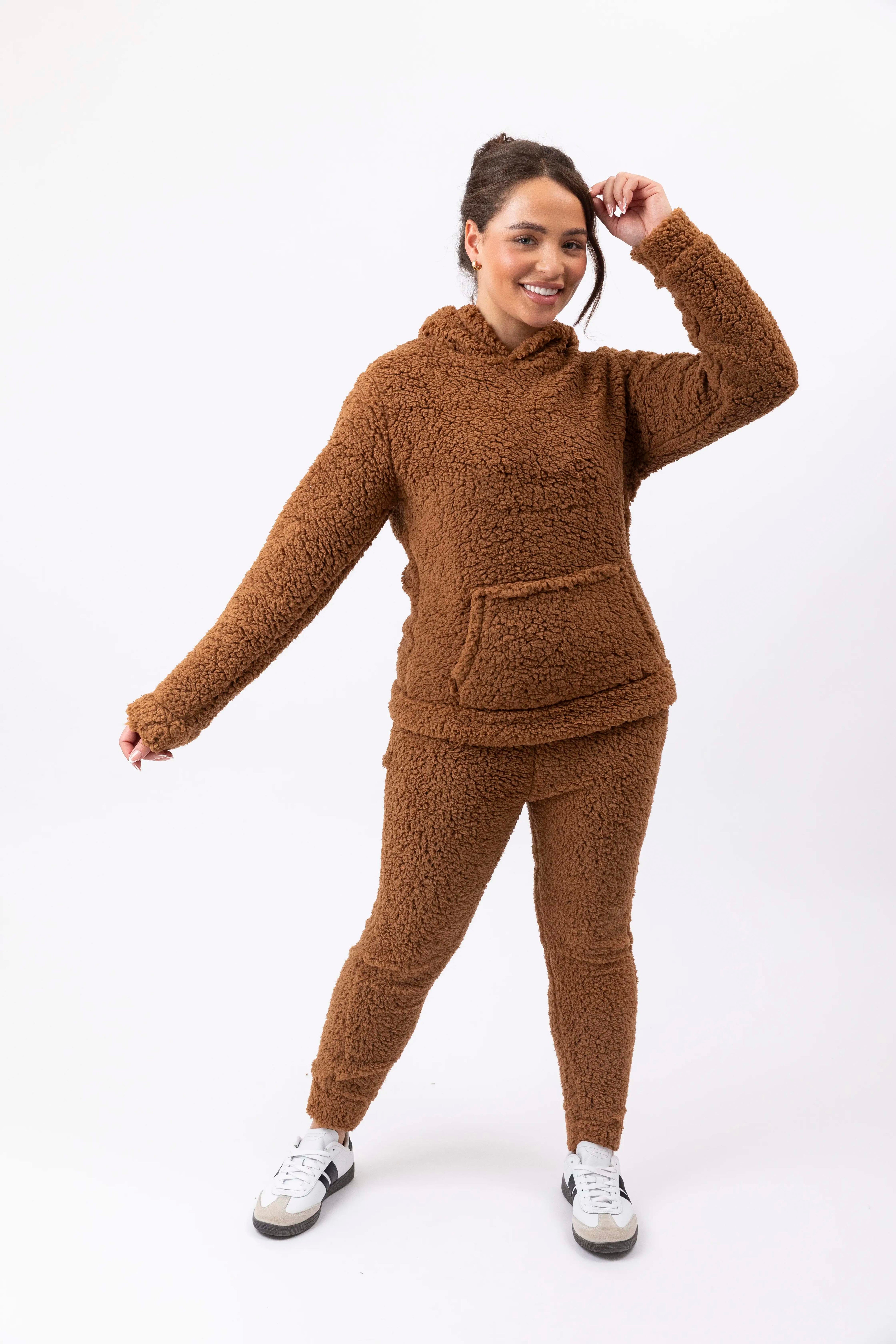 Kangaroo Pocket Hooded Teddy Bear Loungewear Set