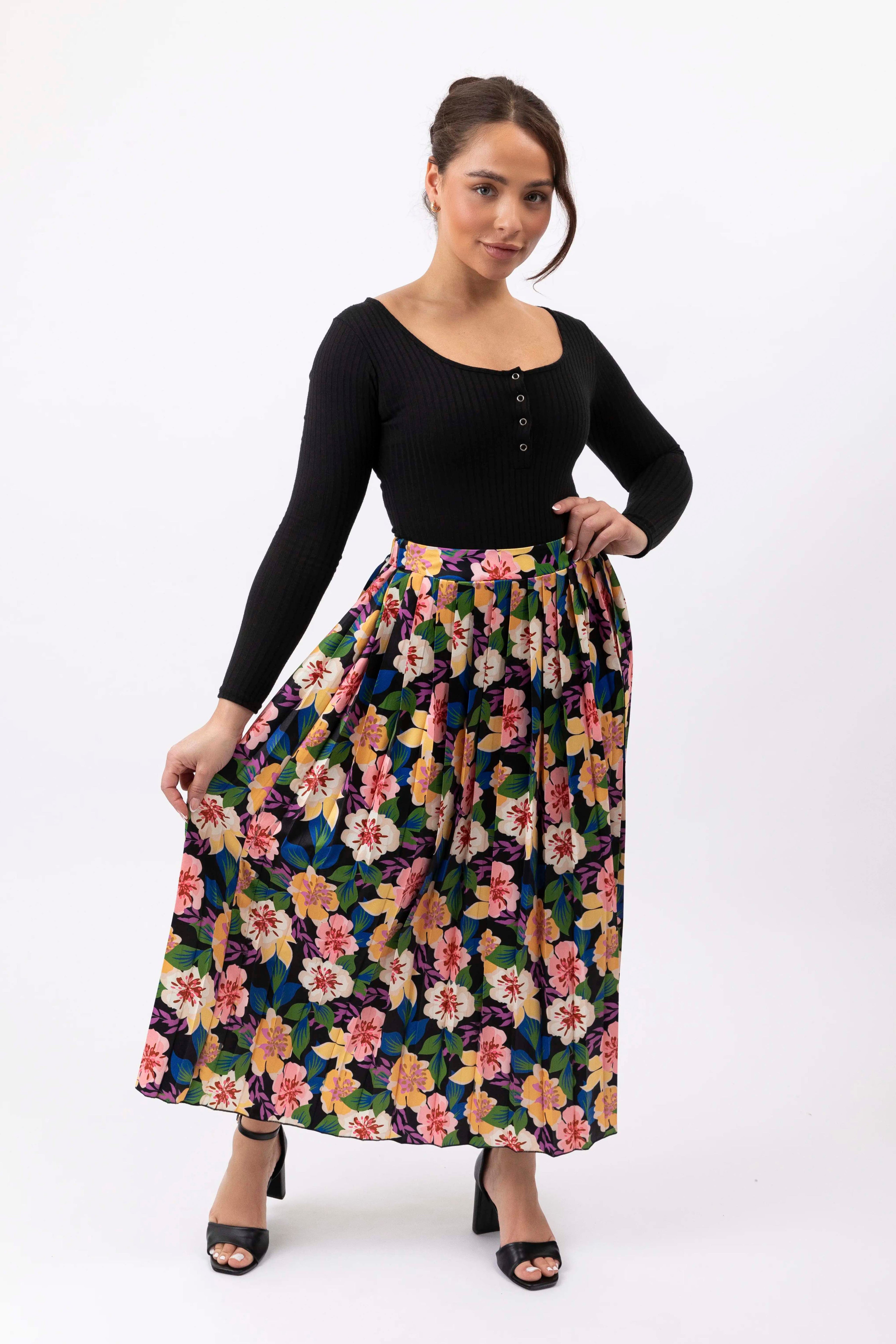 Floral Print Pleated Long Skirt