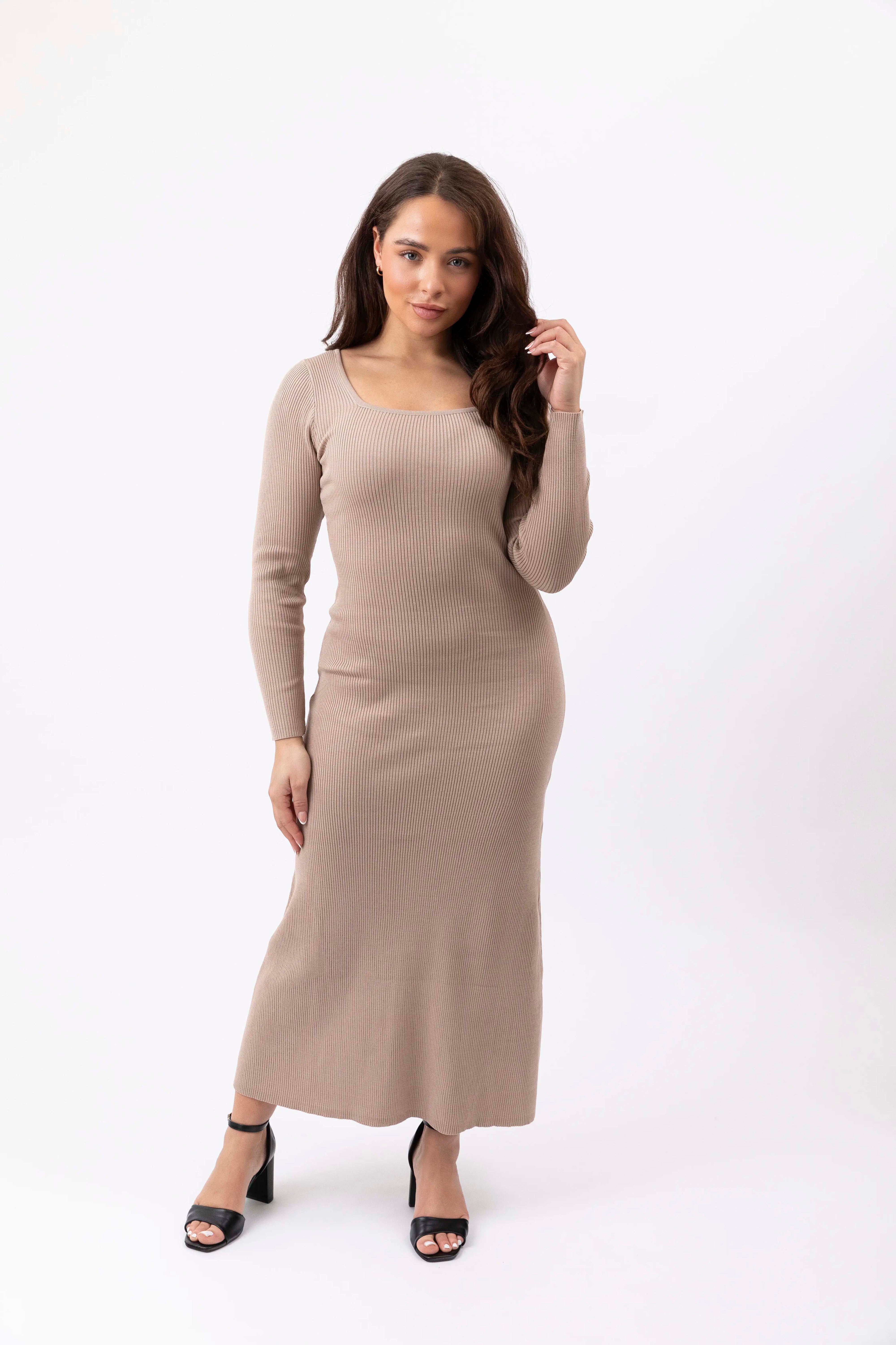 Ribbed Viscose Knitted A-Line Maxi Dress