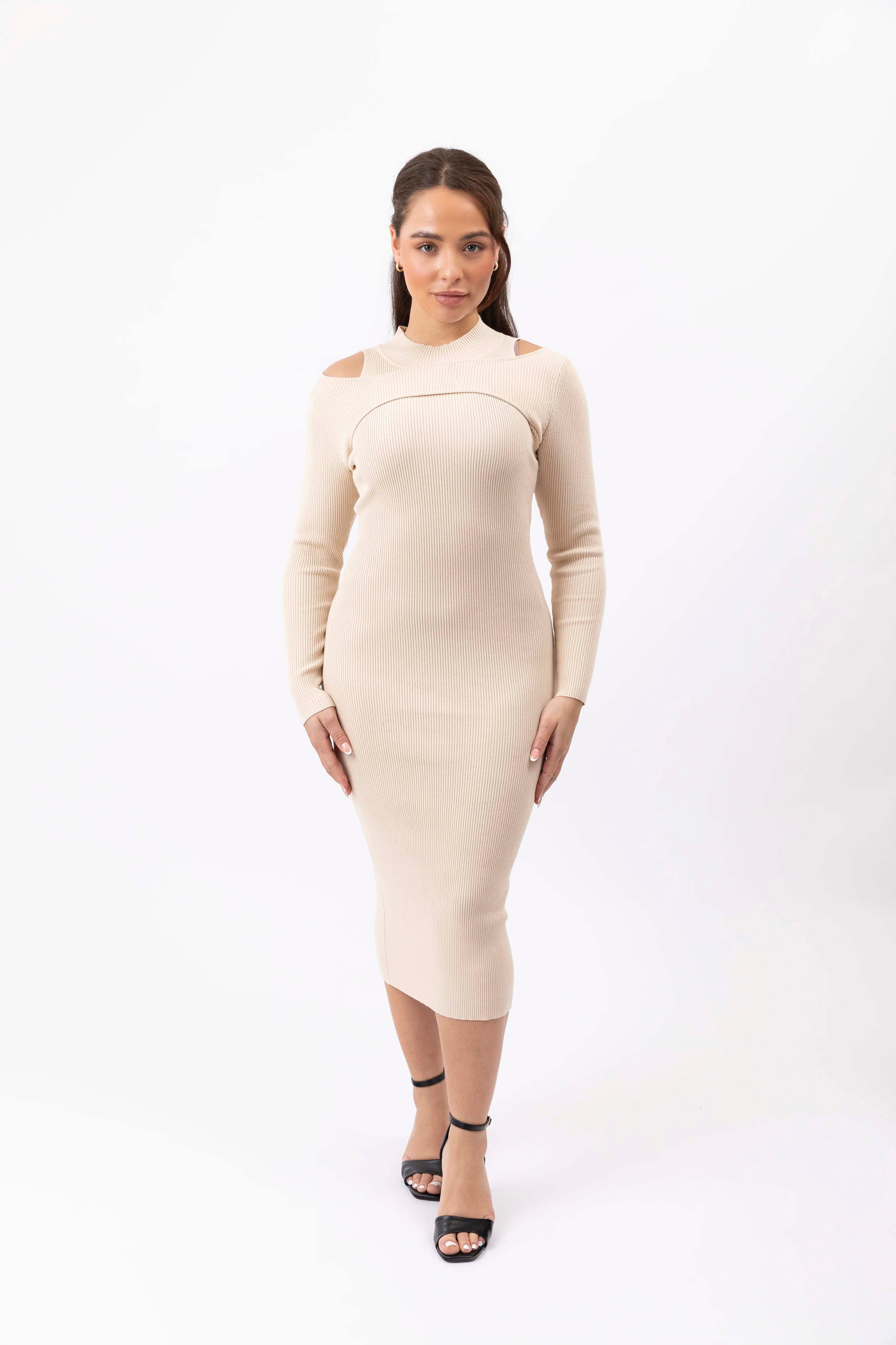 Wholesale Women's Cut Out Shoulder Ribbed Viscose Knitted Bodycon Midaxi Dress (PACK OF 12)