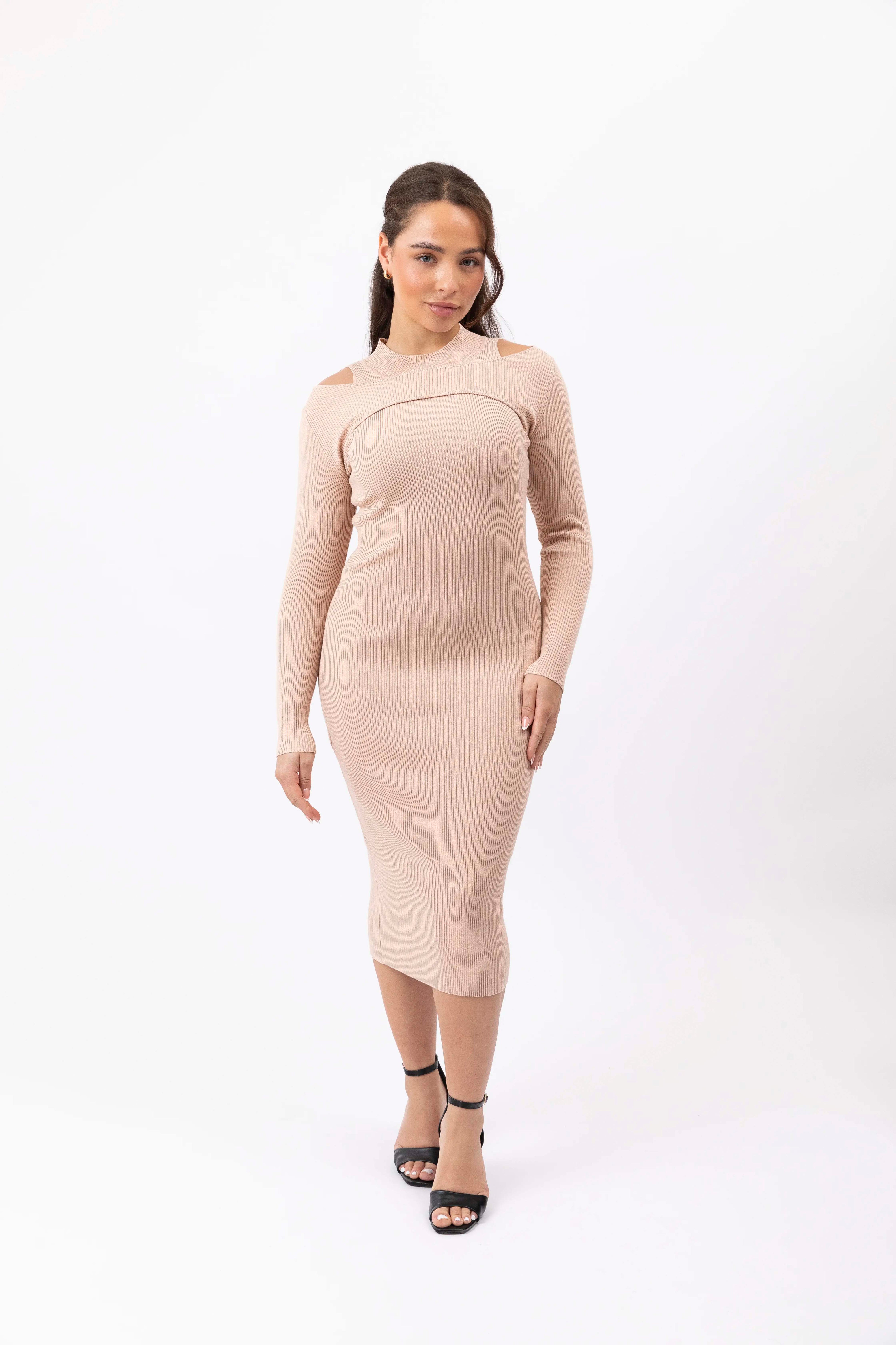 Cut Out Shoulder Ribbed Viscose Knitted Bodycon Midaxi Dress