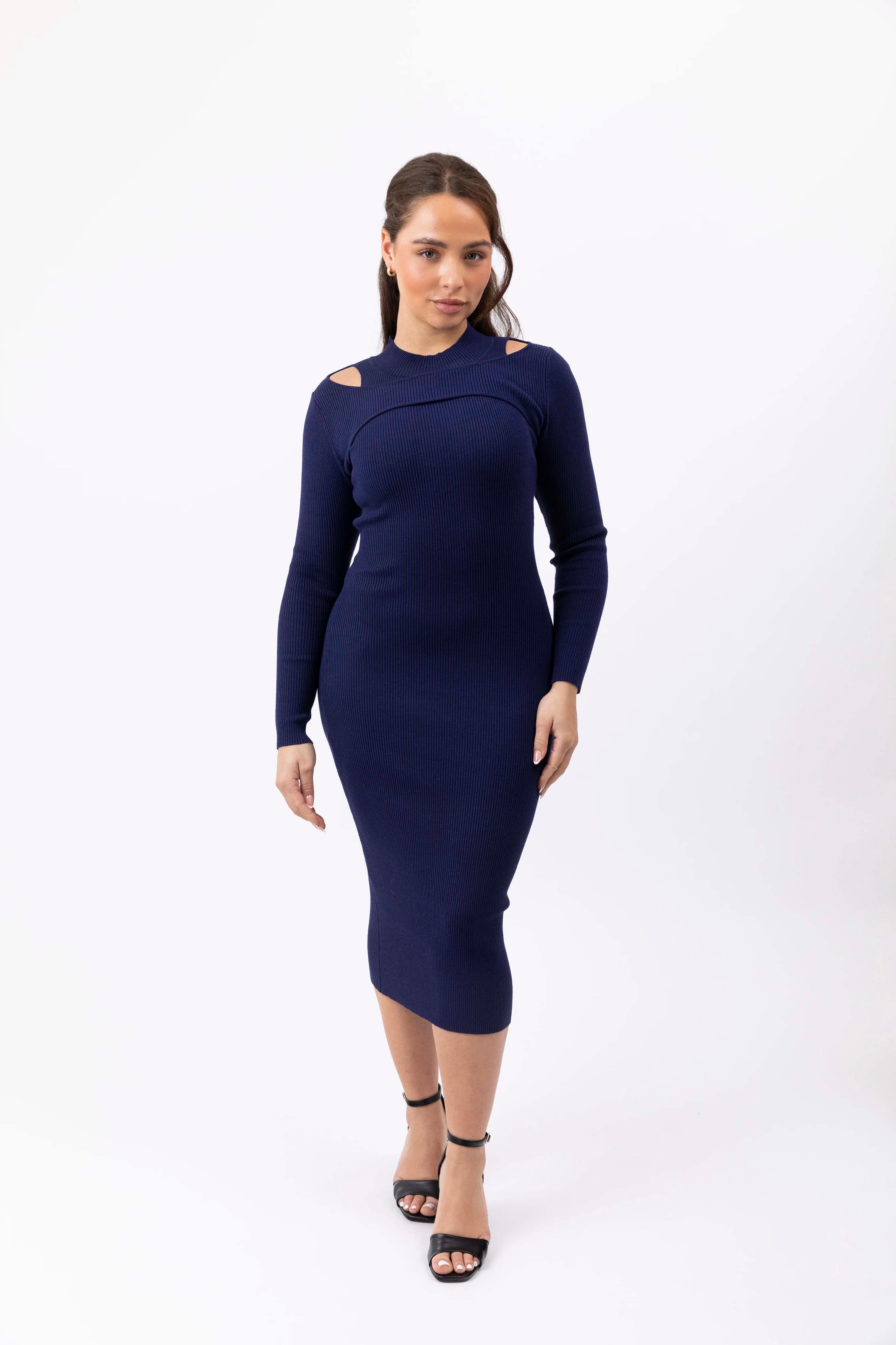 Cut Out Shoulder Ribbed Viscose Knitted Bodycon Midaxi Dress