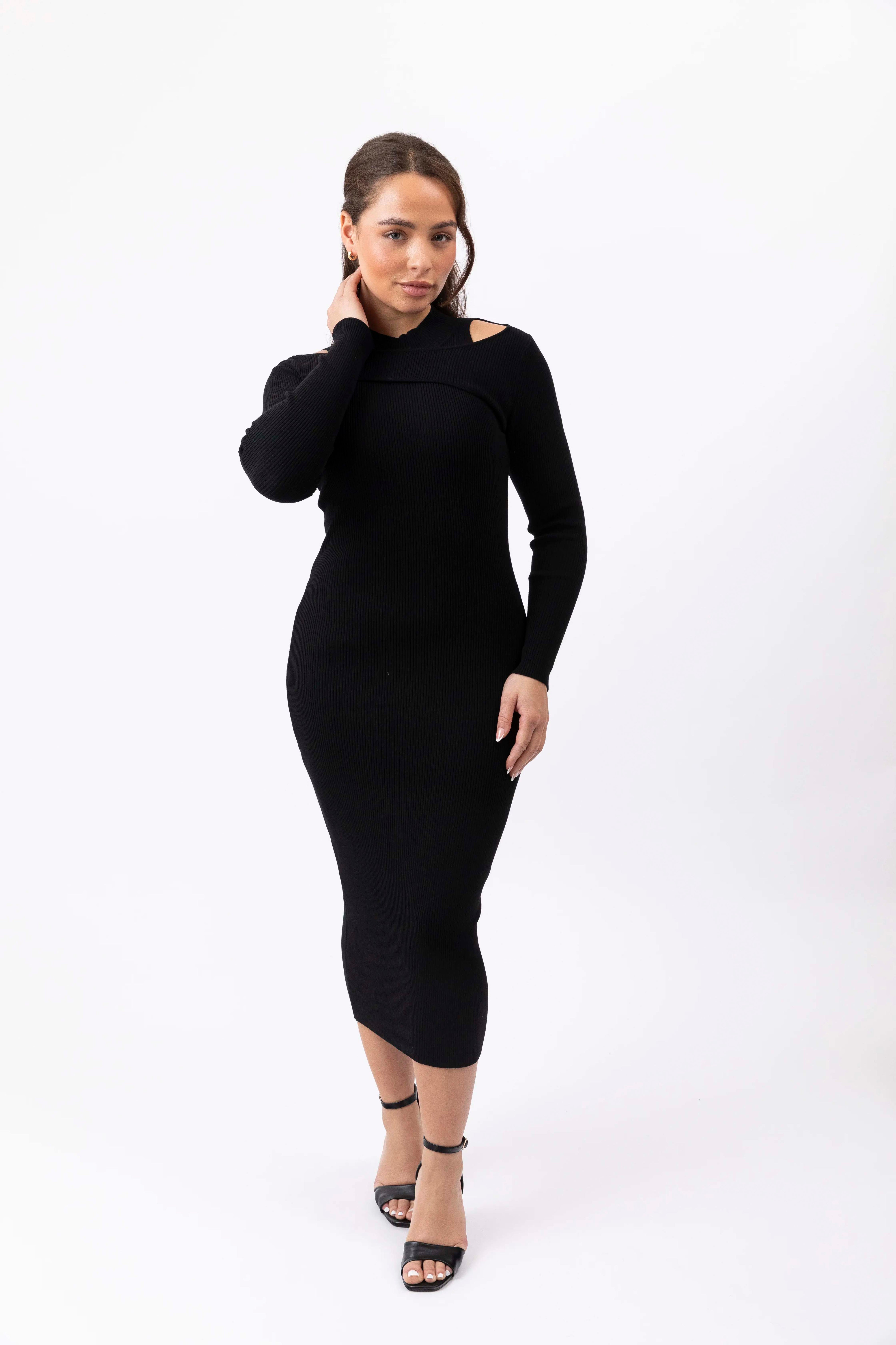 Cut Out Shoulder Ribbed Viscose Knitted Bodycon Midaxi Dress