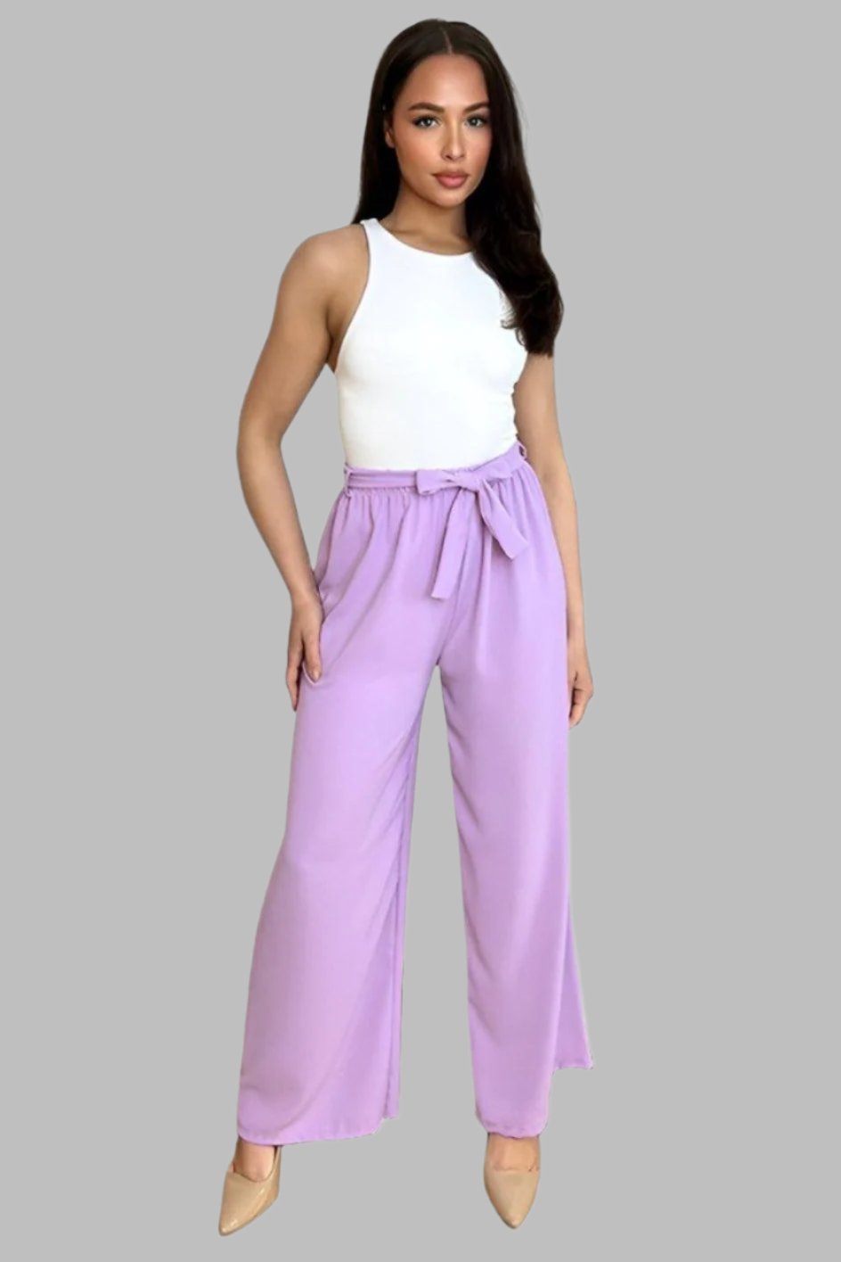 Elastic Waist Tie Wide Leg Trousers-SinglePrice