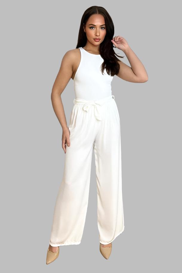 Elastic Waist Tie Wide Leg Trousers-SinglePrice