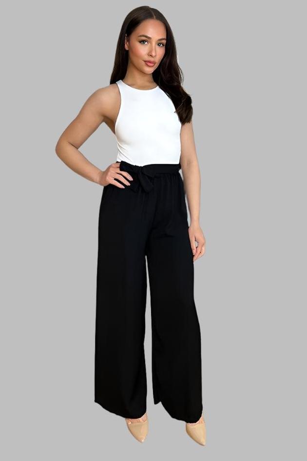 Elastic Waist Tie Wide Leg Trousers-SinglePrice