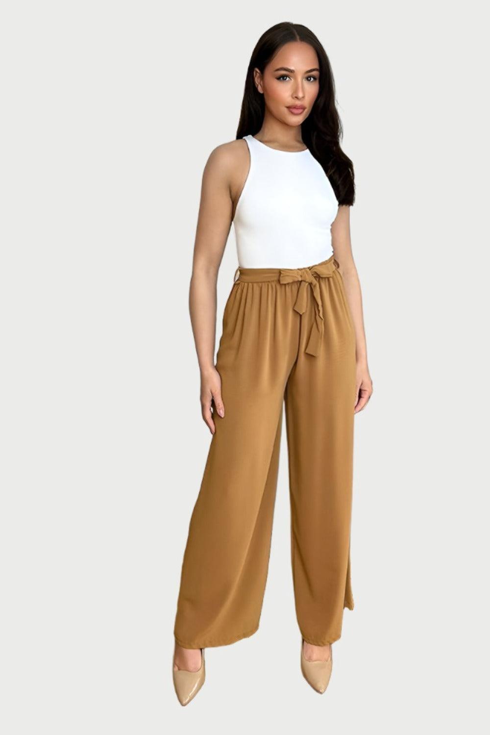 Elastic Waist Tie Wide Leg Trousers-SinglePrice