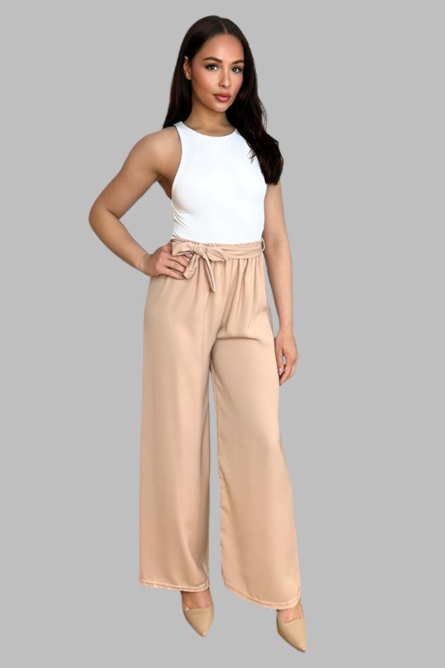 Elastic Waist Tie Wide Leg Trousers-SinglePrice