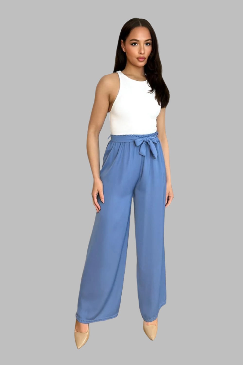 Elastic Waist Tie Wide Leg Trousers-SinglePrice