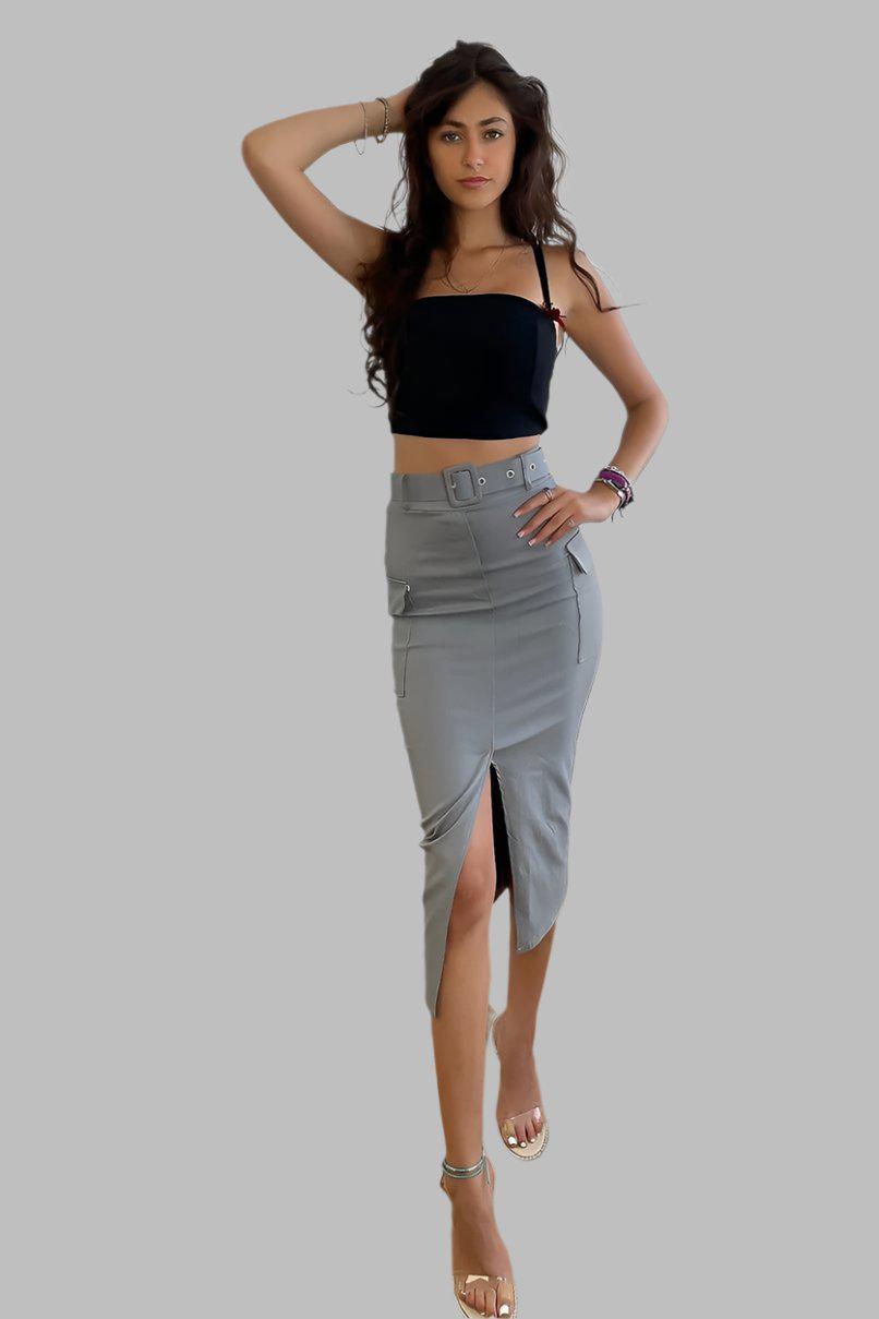 Front Split Midi Belted Cargo Skirt