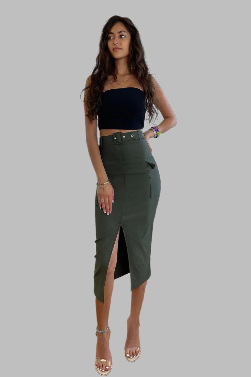 Front Split Midi Belted Cargo Skirt