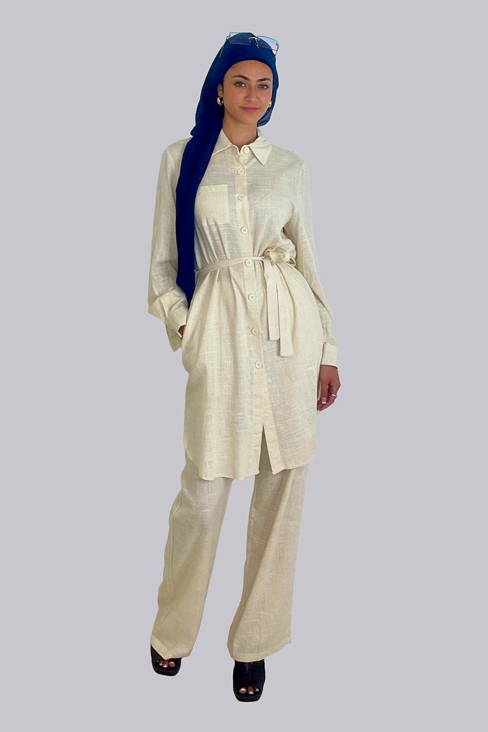 Modern Long Belted Shirt And Wide Leg Trousers Classic Modest Coord Set-SinglePrice