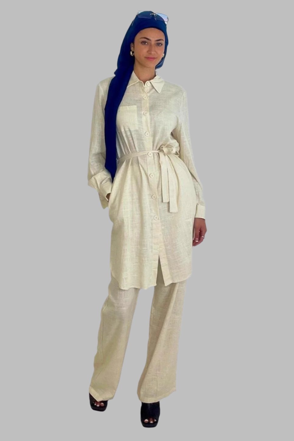 Modern Long Belted Shirt And Wide Leg Trousers Classic Modest Coord Set-SinglePrice