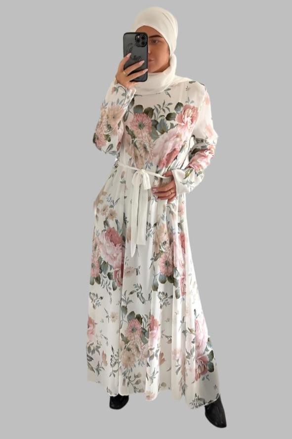 Floral Print Chiffon Modest Dress And Headscarf Set-SinglePrice