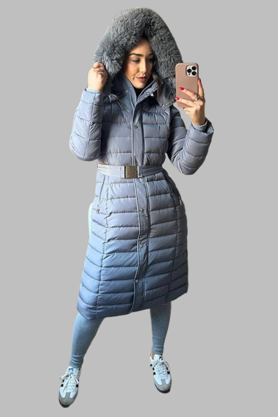 Faux Fur Trimmed Hood Quilted And Belted Shimmer Long Padded Coat