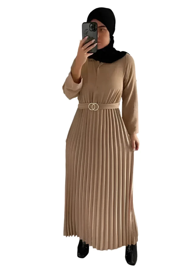 Circles Belt Pleated Modest Dress-SinglePrice