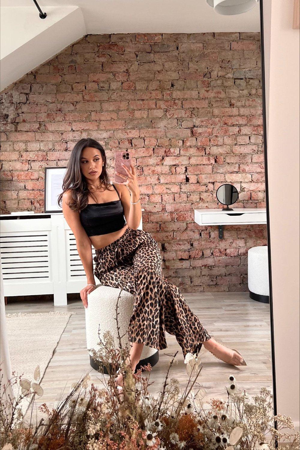 Matte Satin Leopard Print Wide Leg Drawstring Trousers