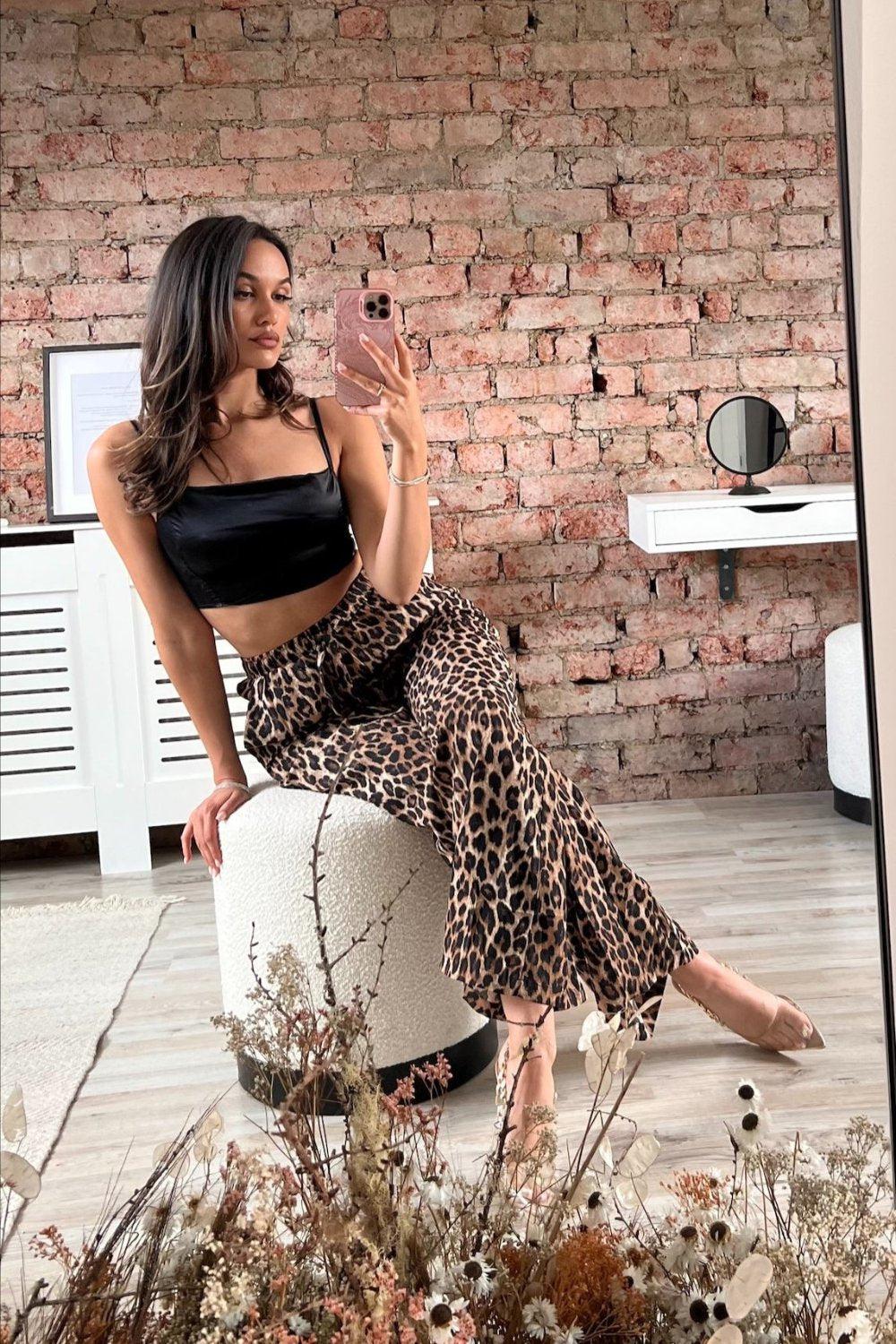 Matte Satin Leopard Print Wide Leg Drawstring Trousers