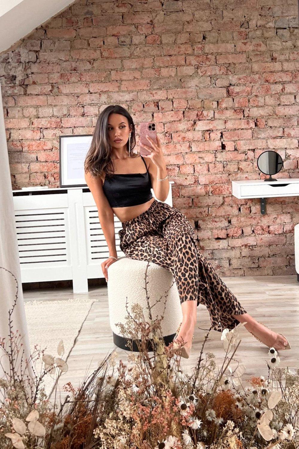 Matte Satin Leopard Print Wide Leg Drawstring Trousers