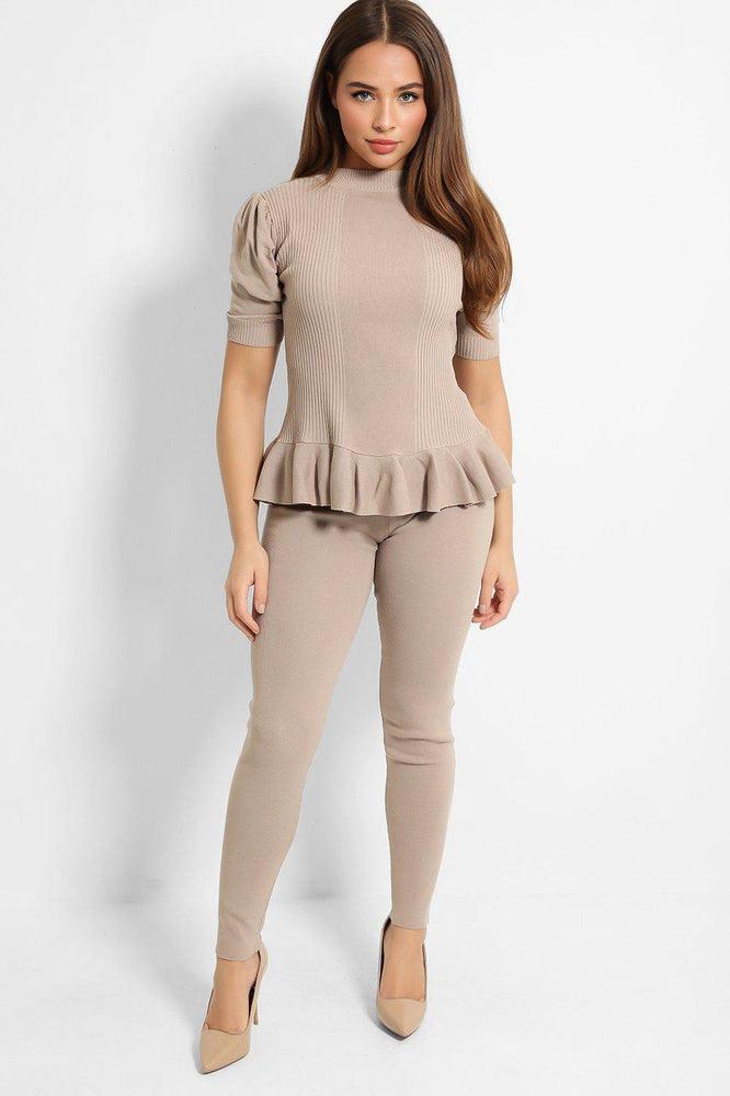 Beige Ribbed Knit Puff Sleeve Peplum Top And Leggings Set