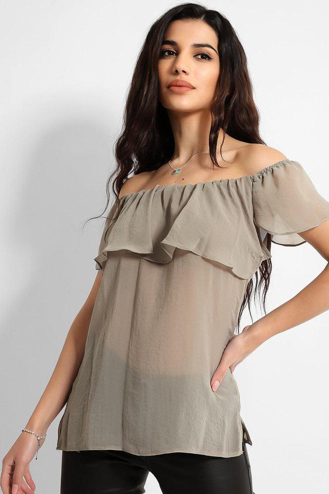 Khaki Off The Shoulder Semi Sheer Top