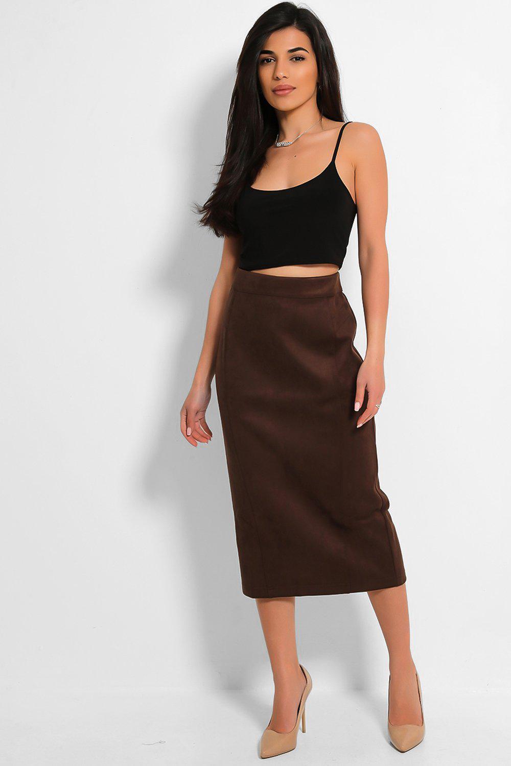 Brown Vegan Suede Pencil Midi Skirt - SinglePrice