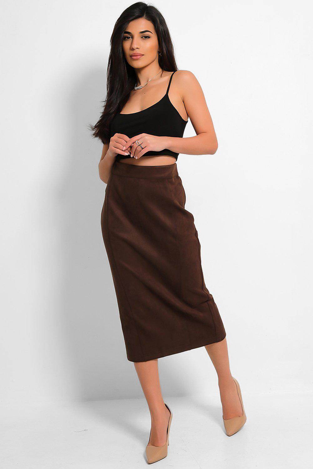 Brown Vegan Suede Pencil Midi Skirt - SinglePrice