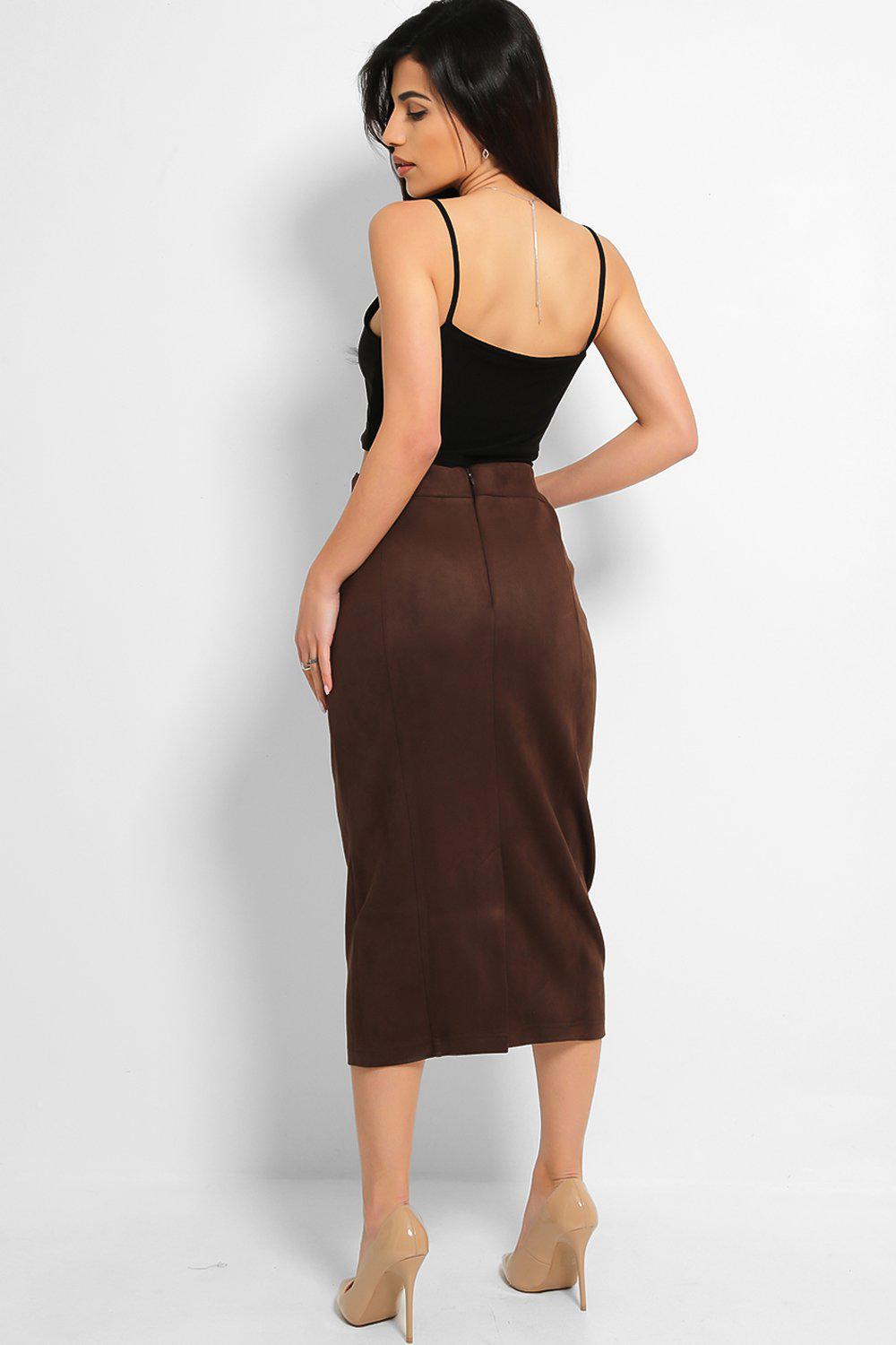 Brown Vegan Suede Pencil Midi Skirt - SinglePrice