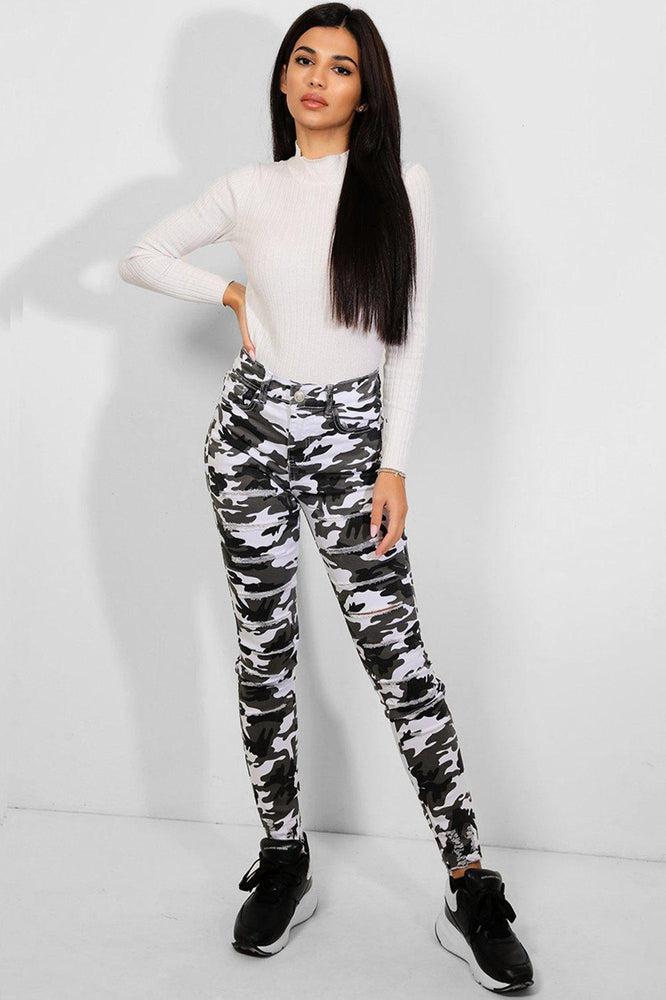 White Camouflage Print Distressed Skinny Jeans-SinglePrice