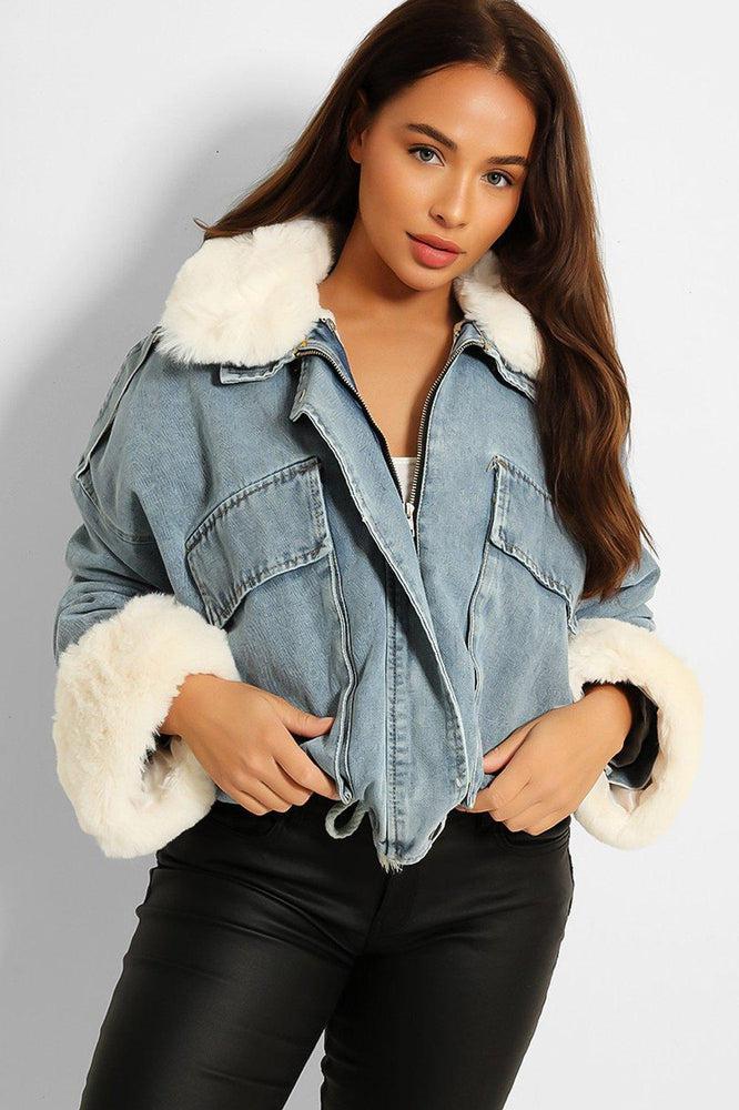 Detachable Faux Fur Cuffs Collar And Inner Lining Blue Denim Cropped Jacket-SinglePrice