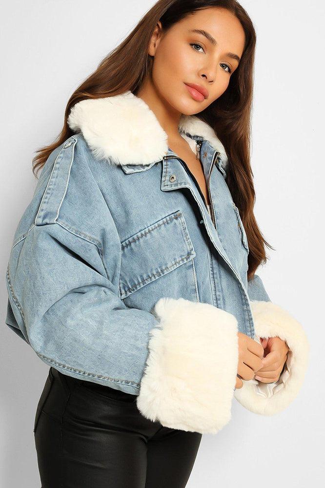 Detachable Faux Fur Cuffs Collar And Inner Lining Blue Denim Cropped Jacket-SinglePrice