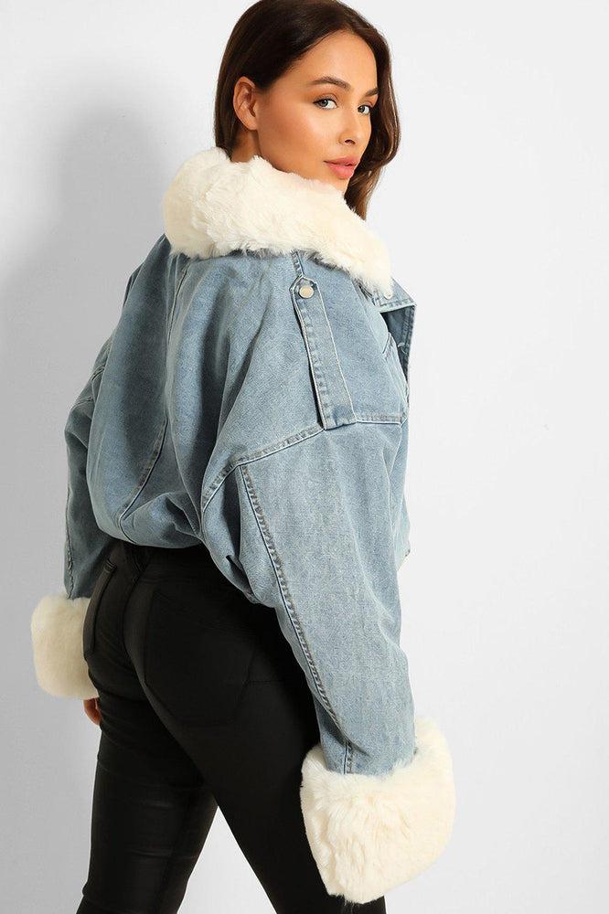 Detachable Faux Fur Cuffs Collar And Inner Lining Blue Denim Cropped Jacket-SinglePrice