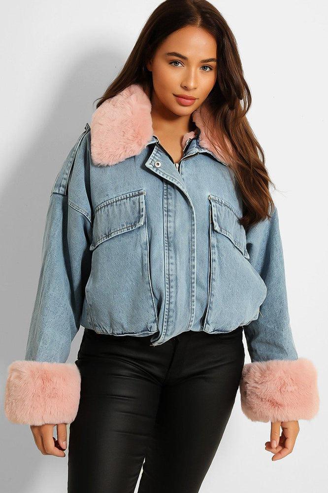 Detachable Faux Fur Cuffs Collar And Inner Lining Blue Denim Cropped Jacket-SinglePrice