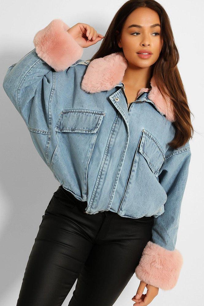 Detachable Faux Fur Cuffs Collar And Inner Lining Blue Denim Cropped Jacket-SinglePrice