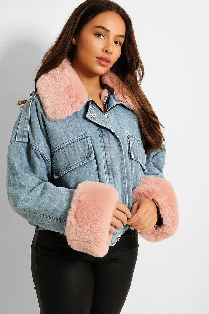 Detachable Faux Fur Cuffs Collar And Inner Lining Blue Denim Cropped Jacket-SinglePrice