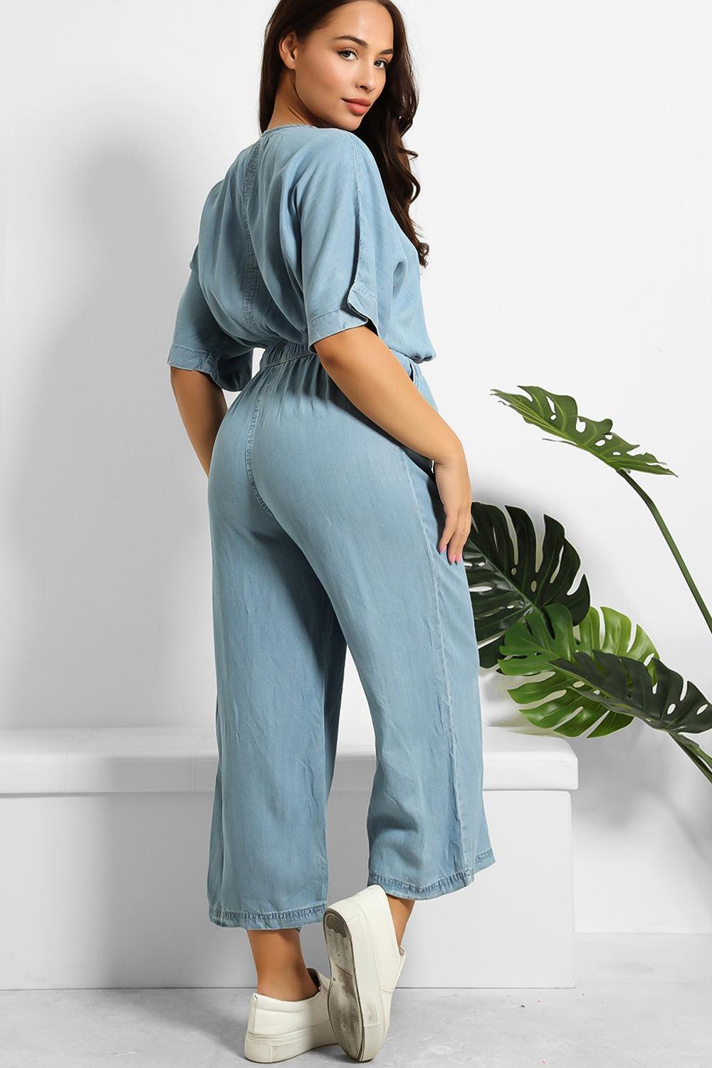 V-Neck Relaxed Fit Denim Jumpsuit-SinglePrice