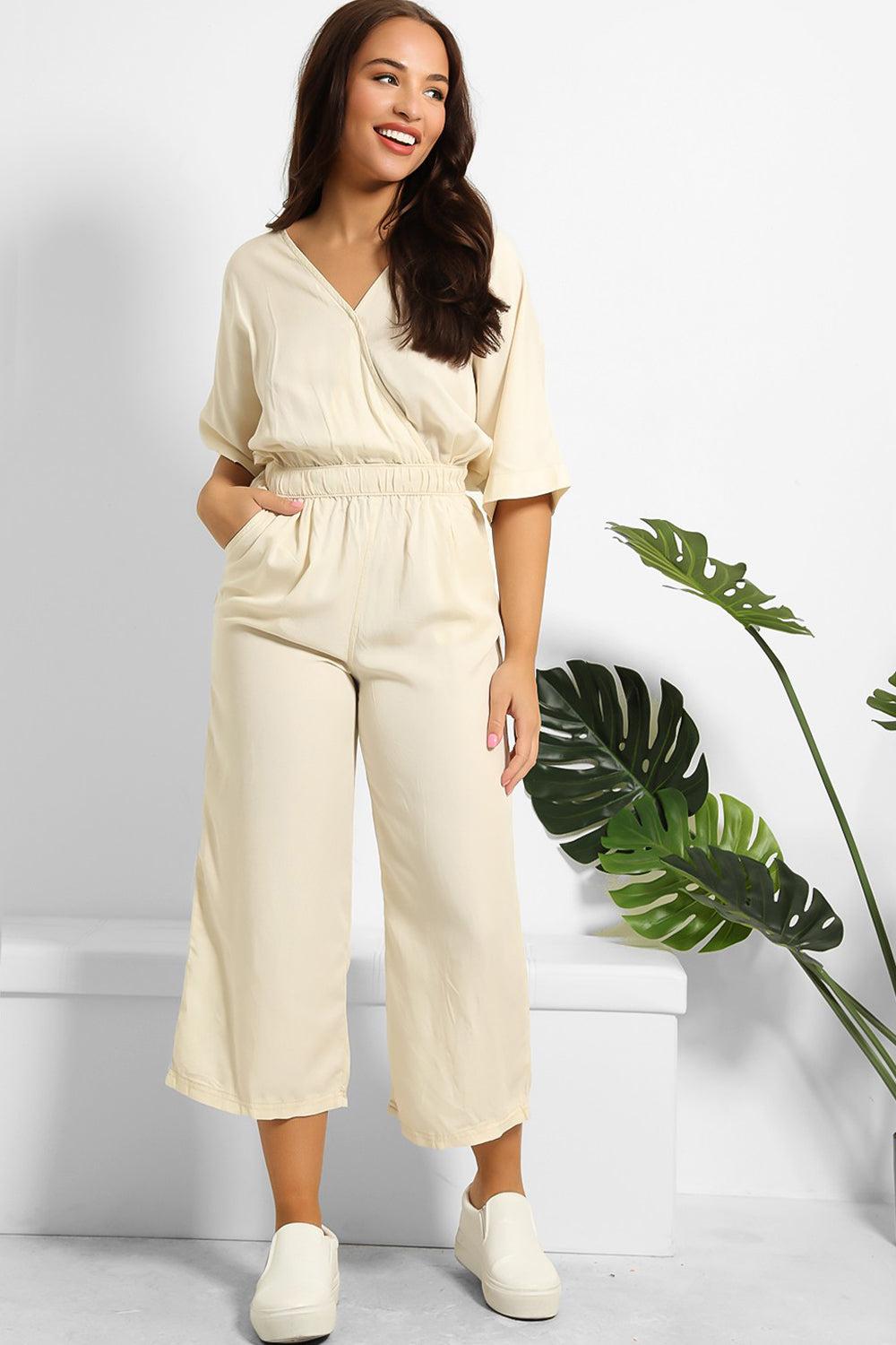 V-Neck Relaxed Fit Denim Jumpsuit-SinglePrice