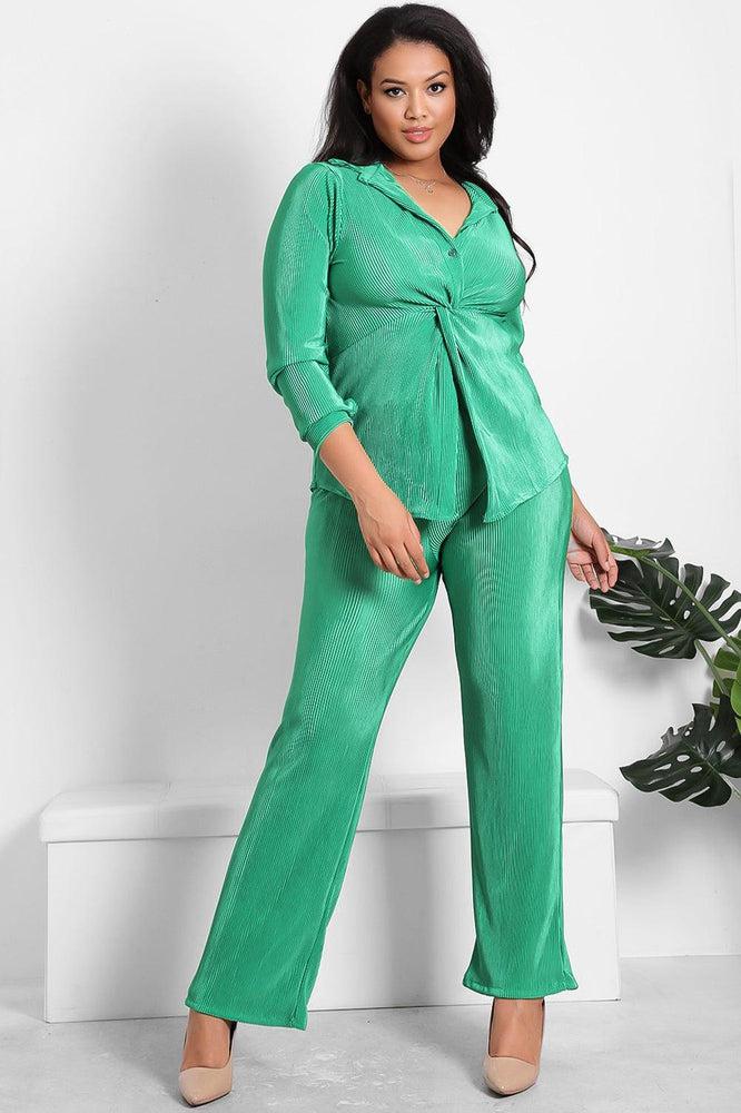 Twist Front Top And Trousers Plisse Set-SinglePrice