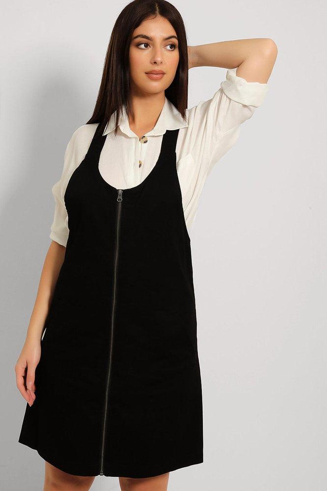 Black Denim Zipped Front Dungaree Dress