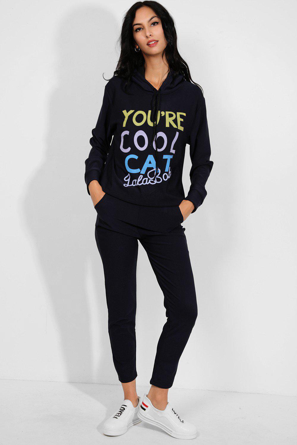 Navy Cool Cat Slogan Hooded 2 Piece Tracksuit-SinglePrice